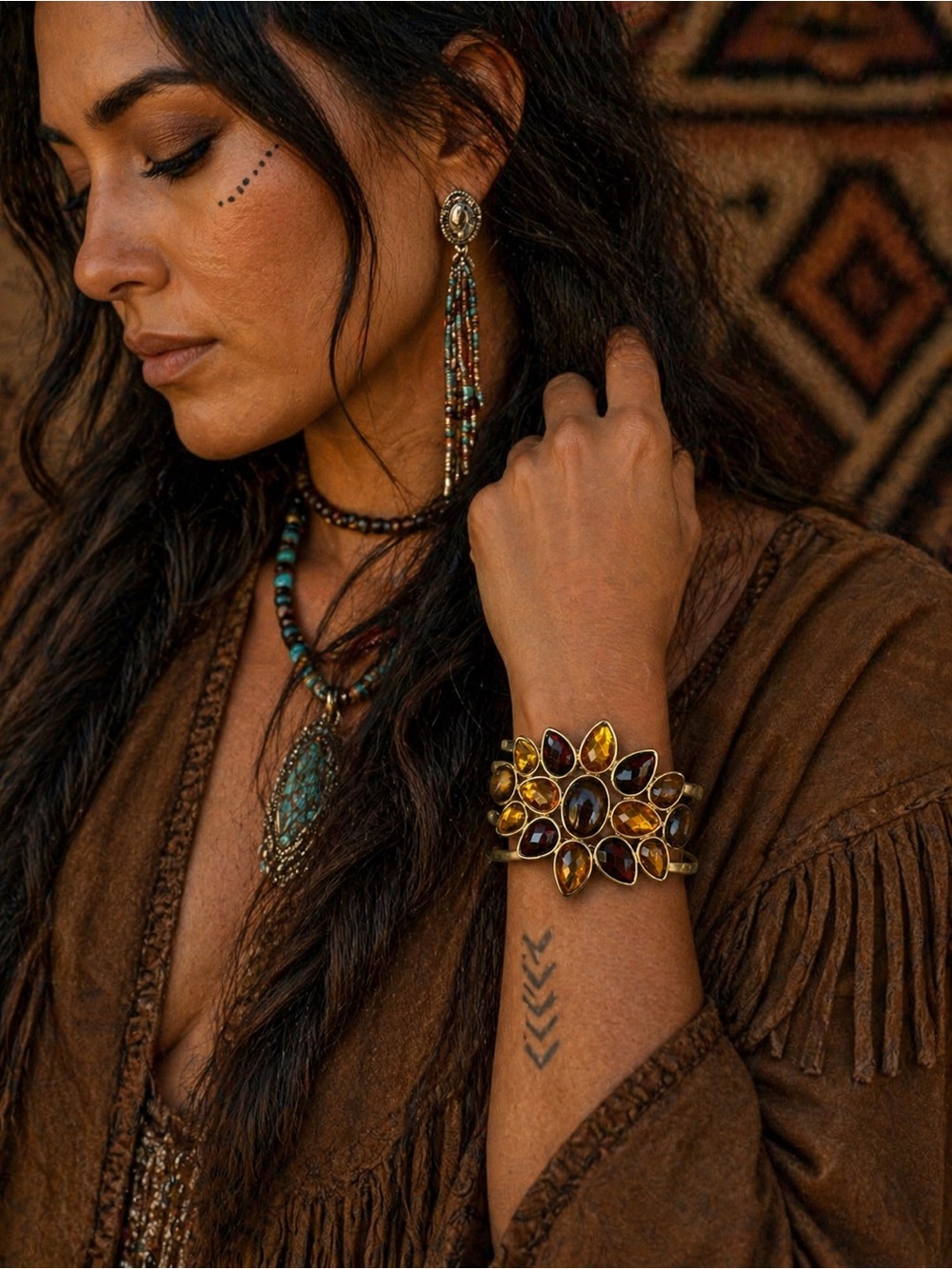 Tiger Eye & Amber Stone Statement Cuff Bracelet